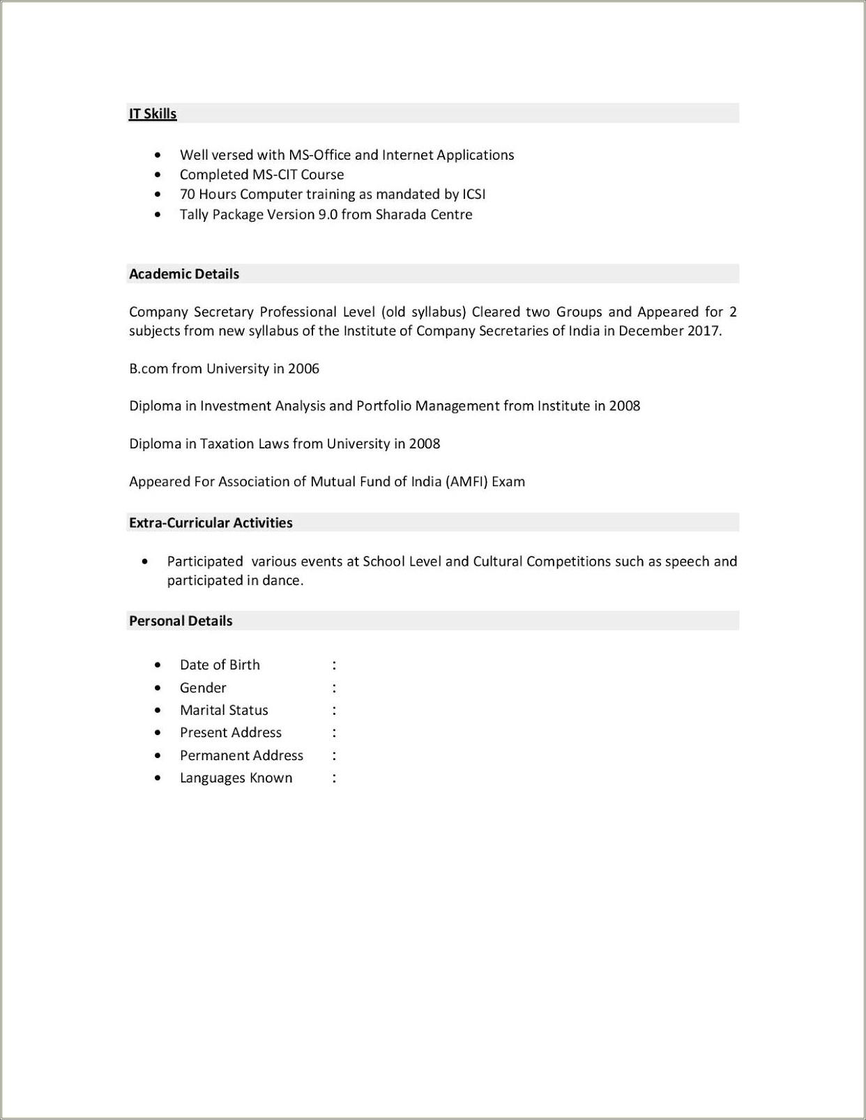 Career Objective For Company Secretary Student In Resume