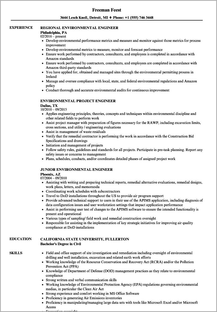 Career Objective For Environmental Engineering Resume