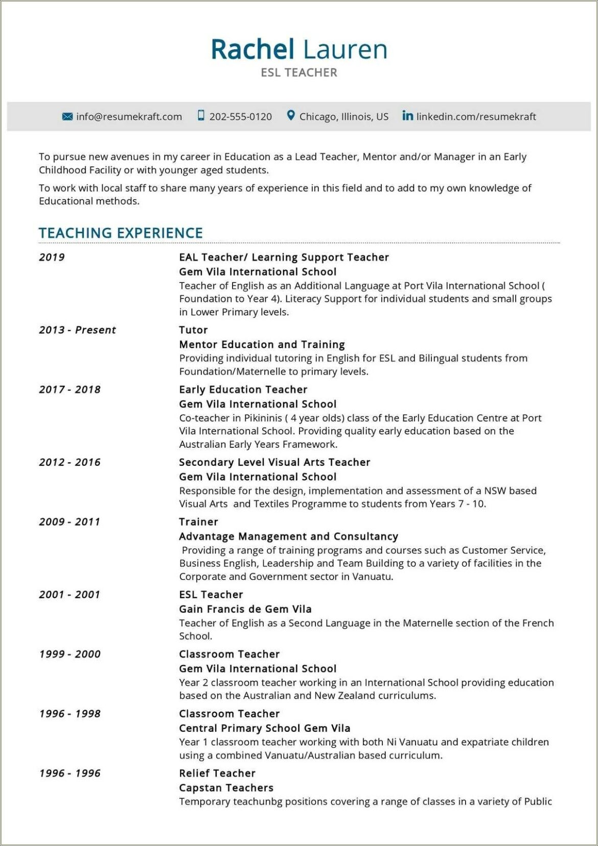 Career Objective For Esl Teacher Resume