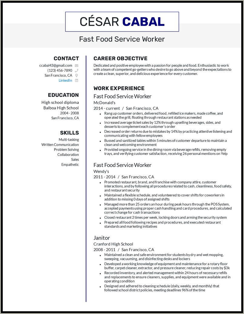 Career Objective For Fast Food Resume