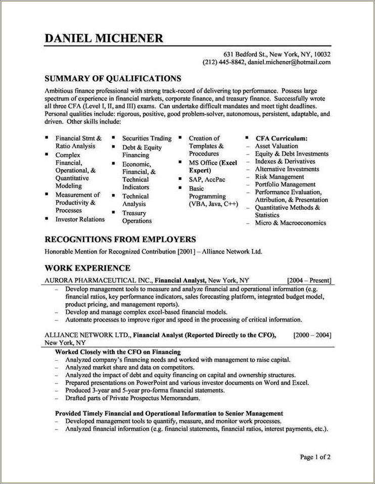 Career Objective For Financial Planner Resume