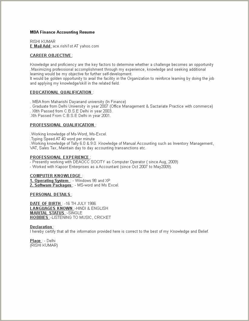 Career Objective For Mba Student Resume