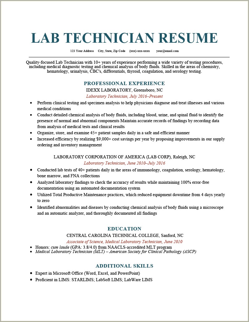 Career Objective For Medical Lab Technician Resume