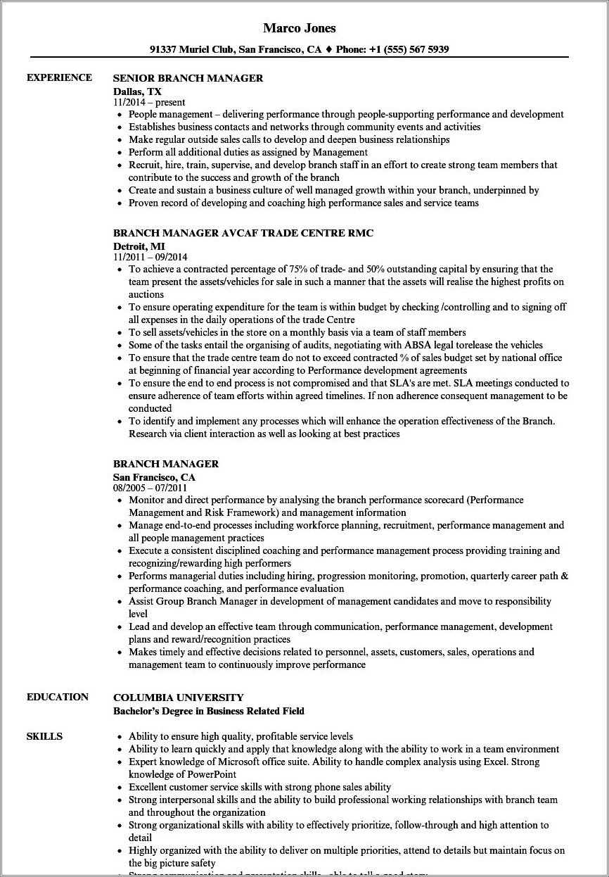 Career Objective For Resume For Branch Manager