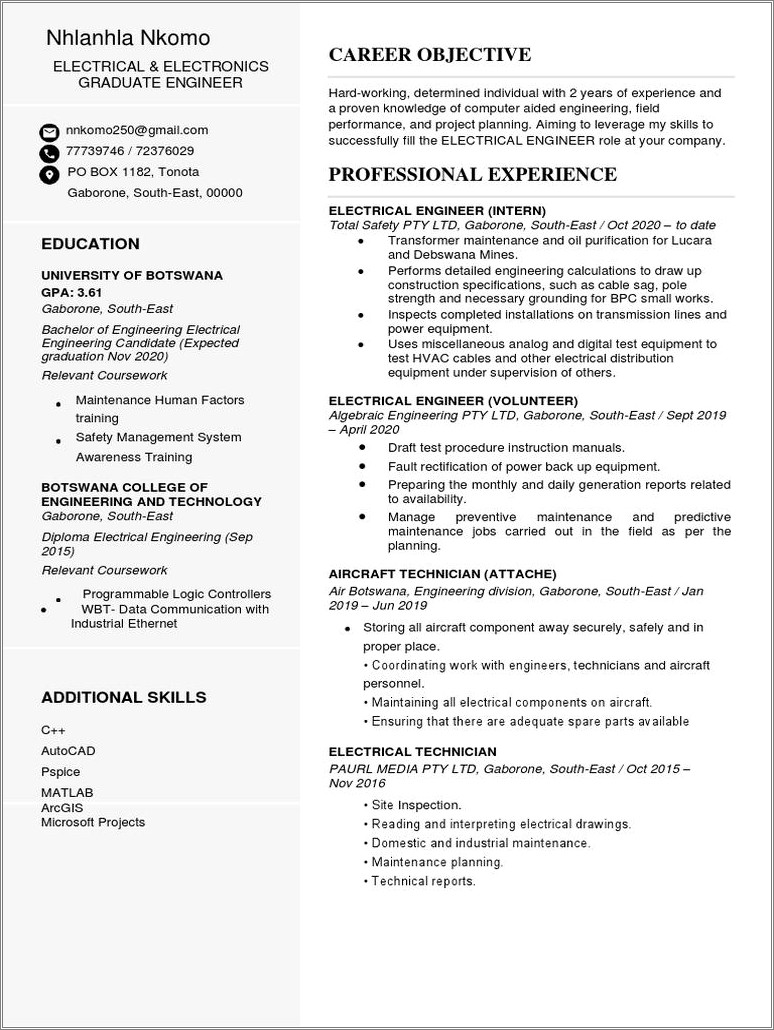 Career Objective For Resume For Electrical Site Engineer