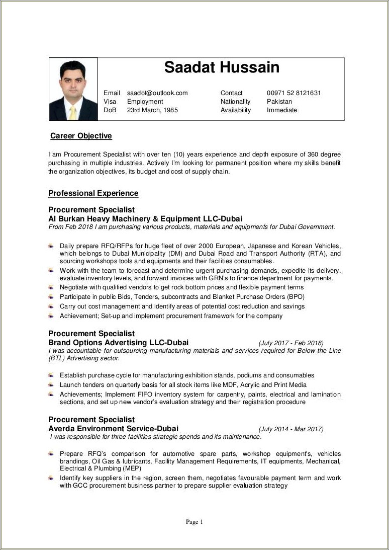 Career Objective For Resume For Procurement
