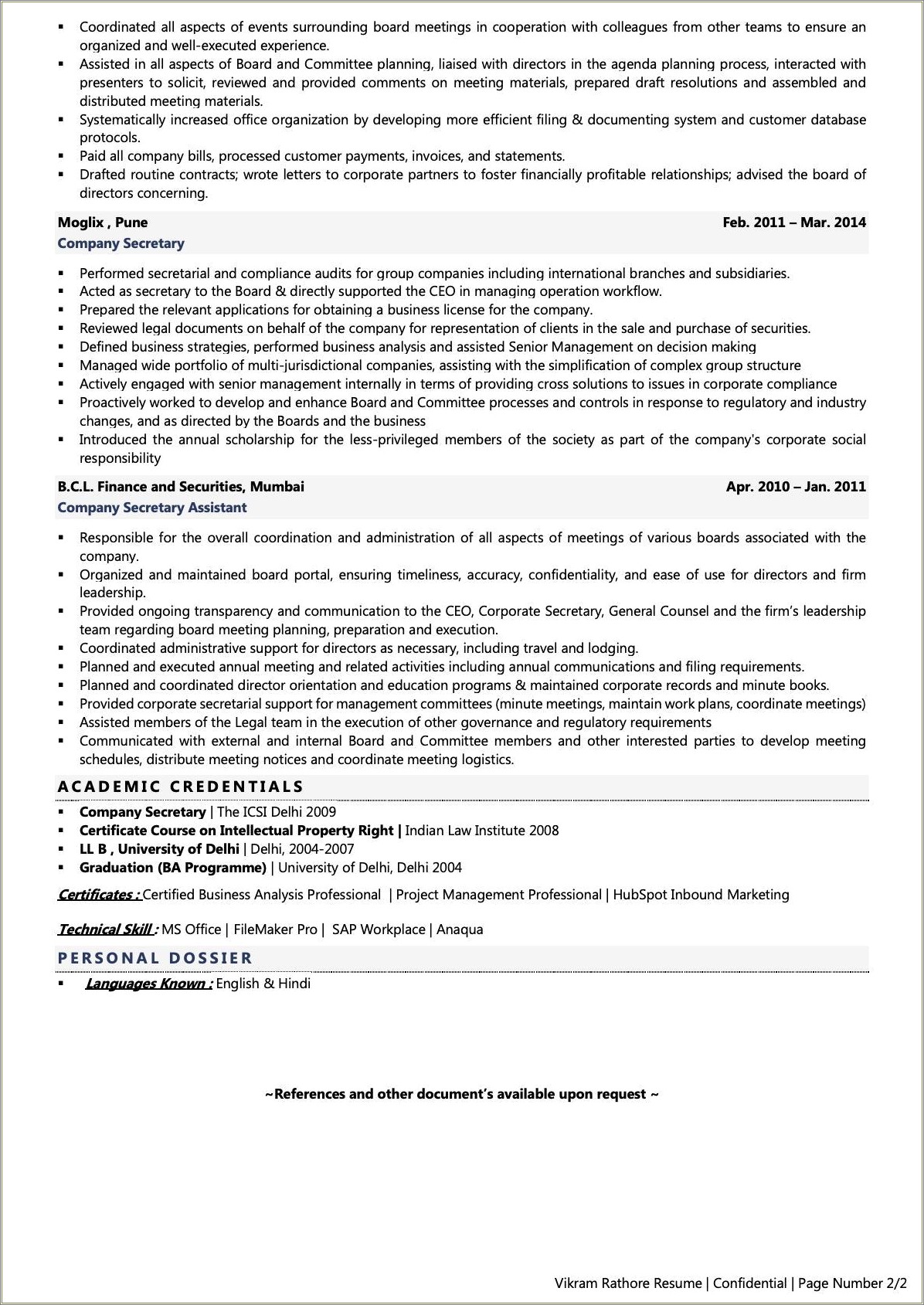 Career Objective For Resume Of Company Secretary