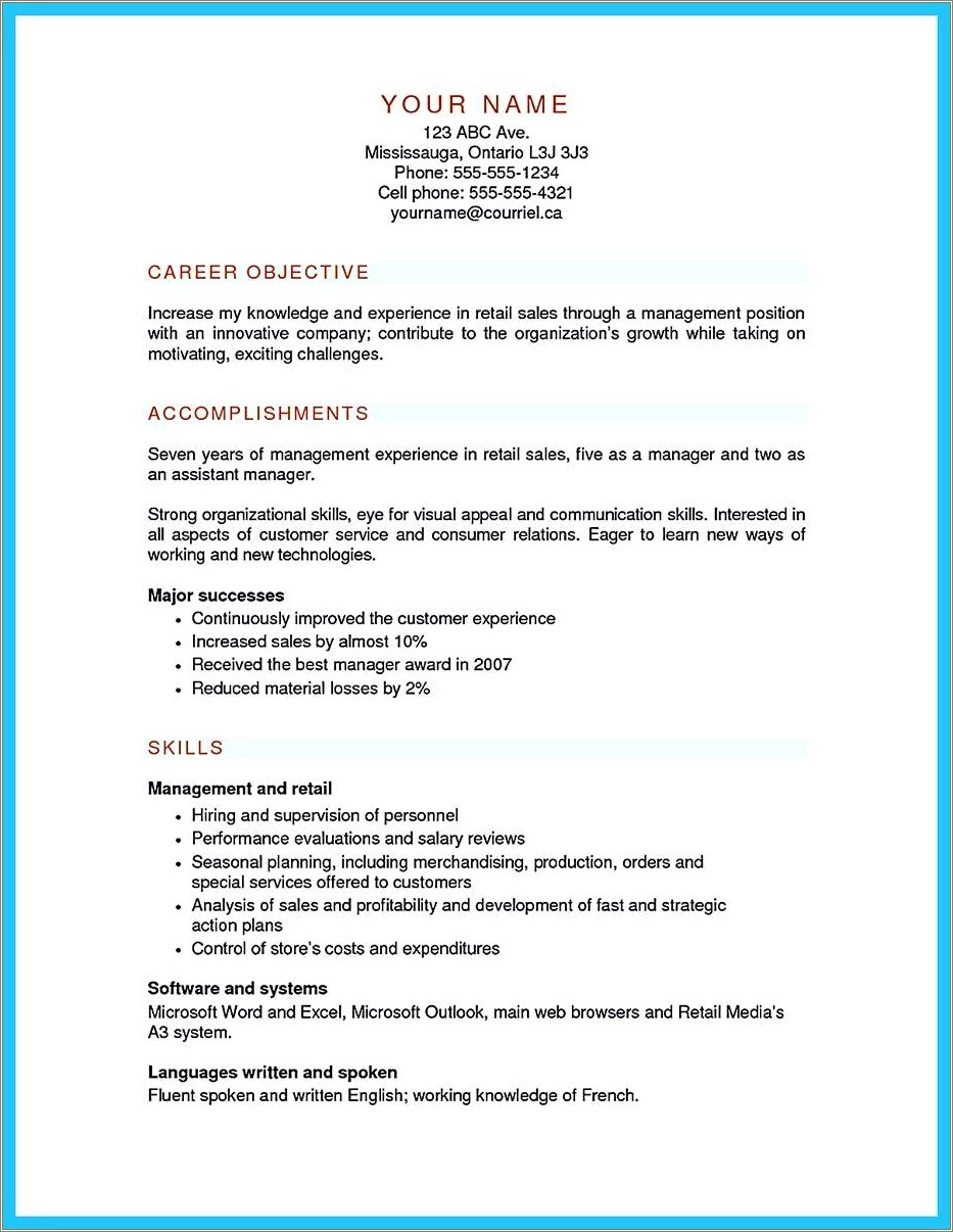 Career Objective For Store Manager Resume