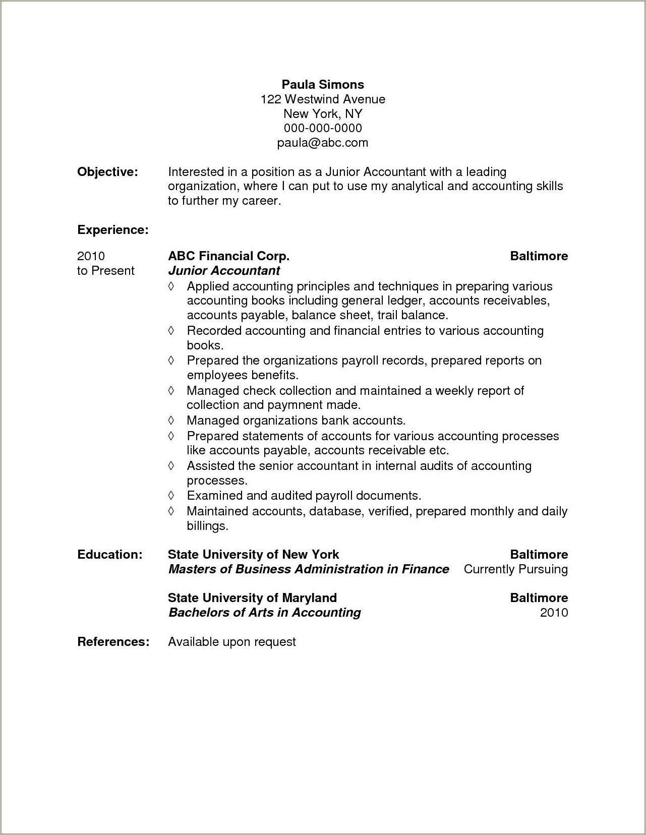 Career Objective In Accounting Resume Example