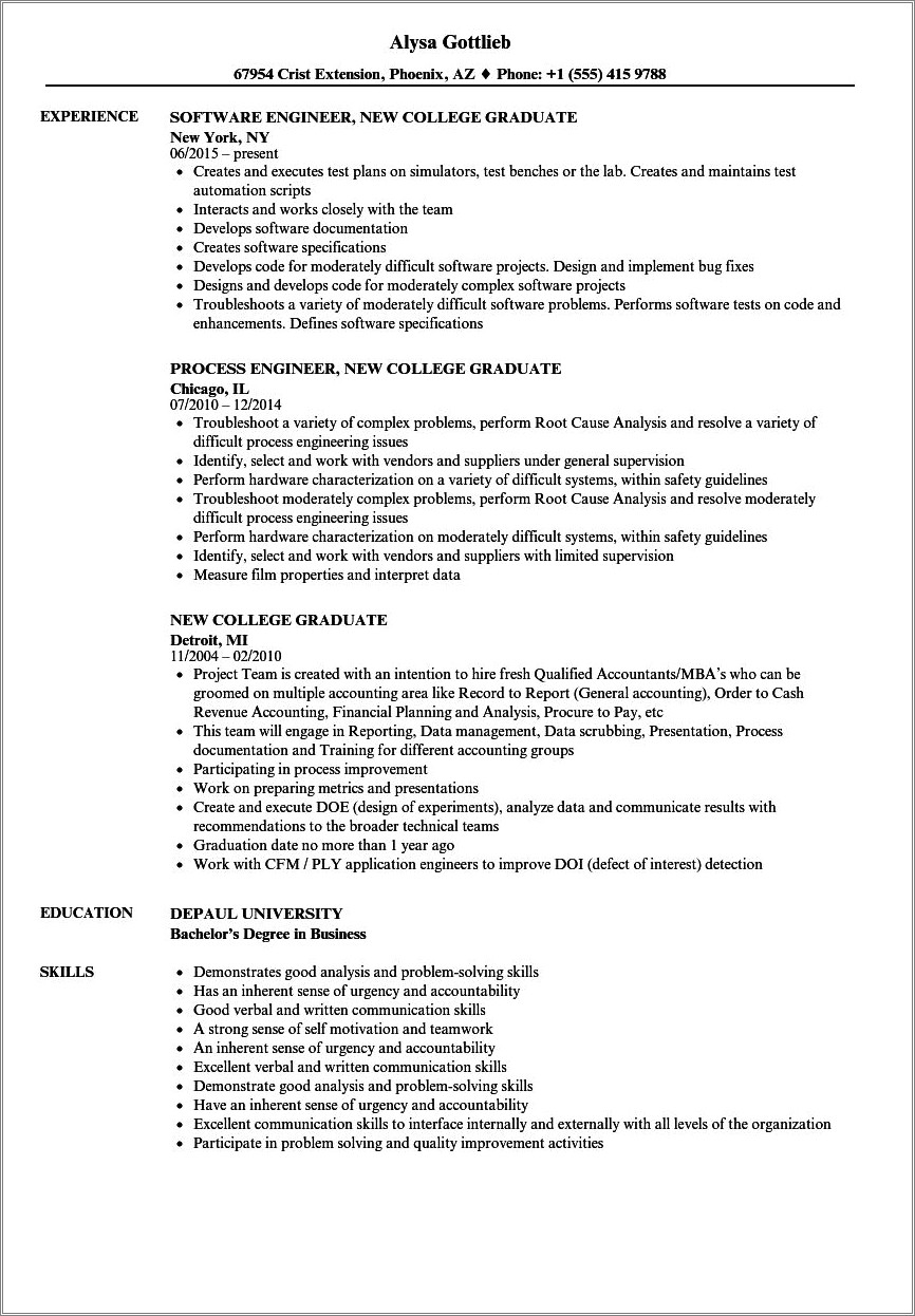 Career Objective On Resume For Recent College Graduate