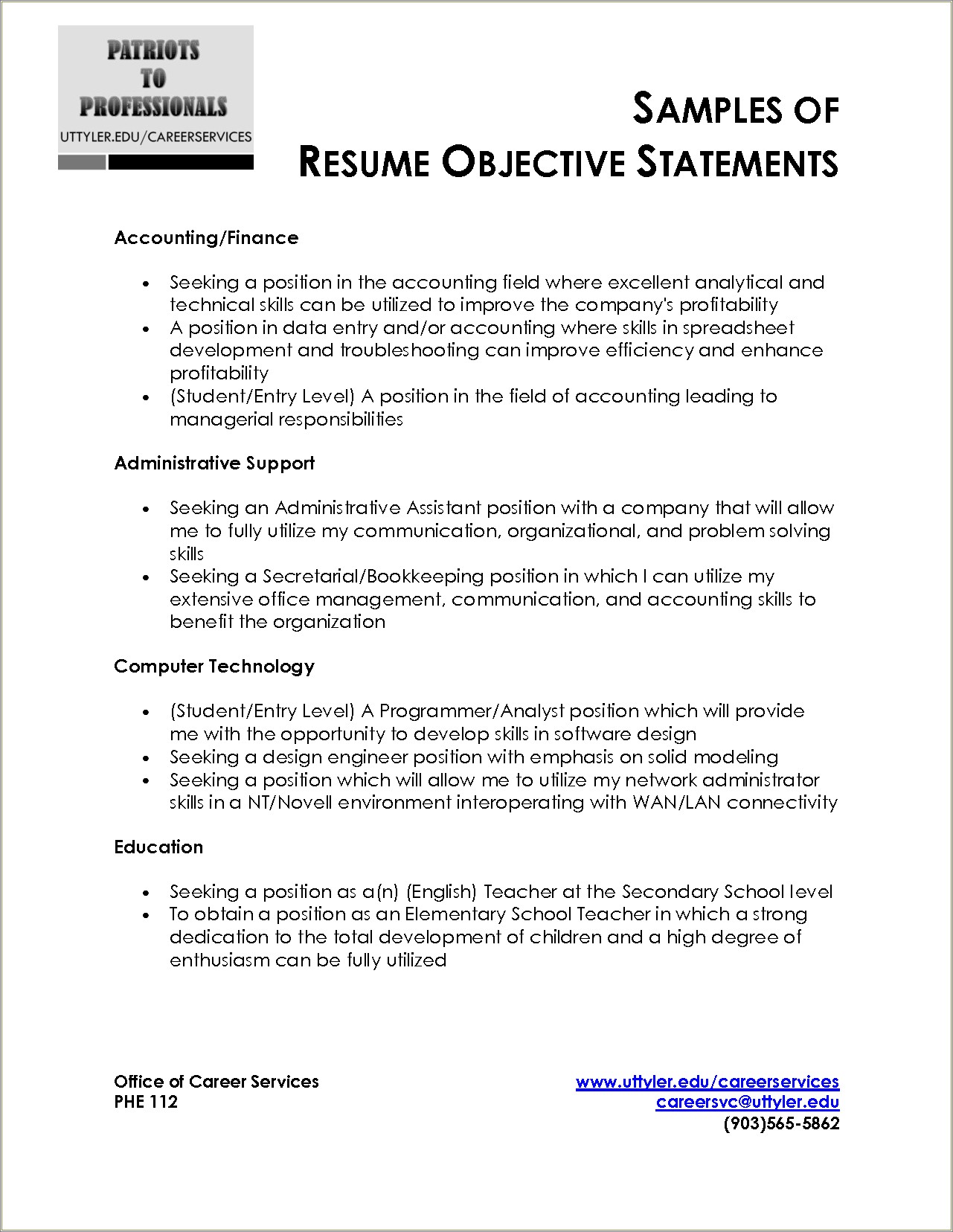 Career Objective Resume For A Teacher