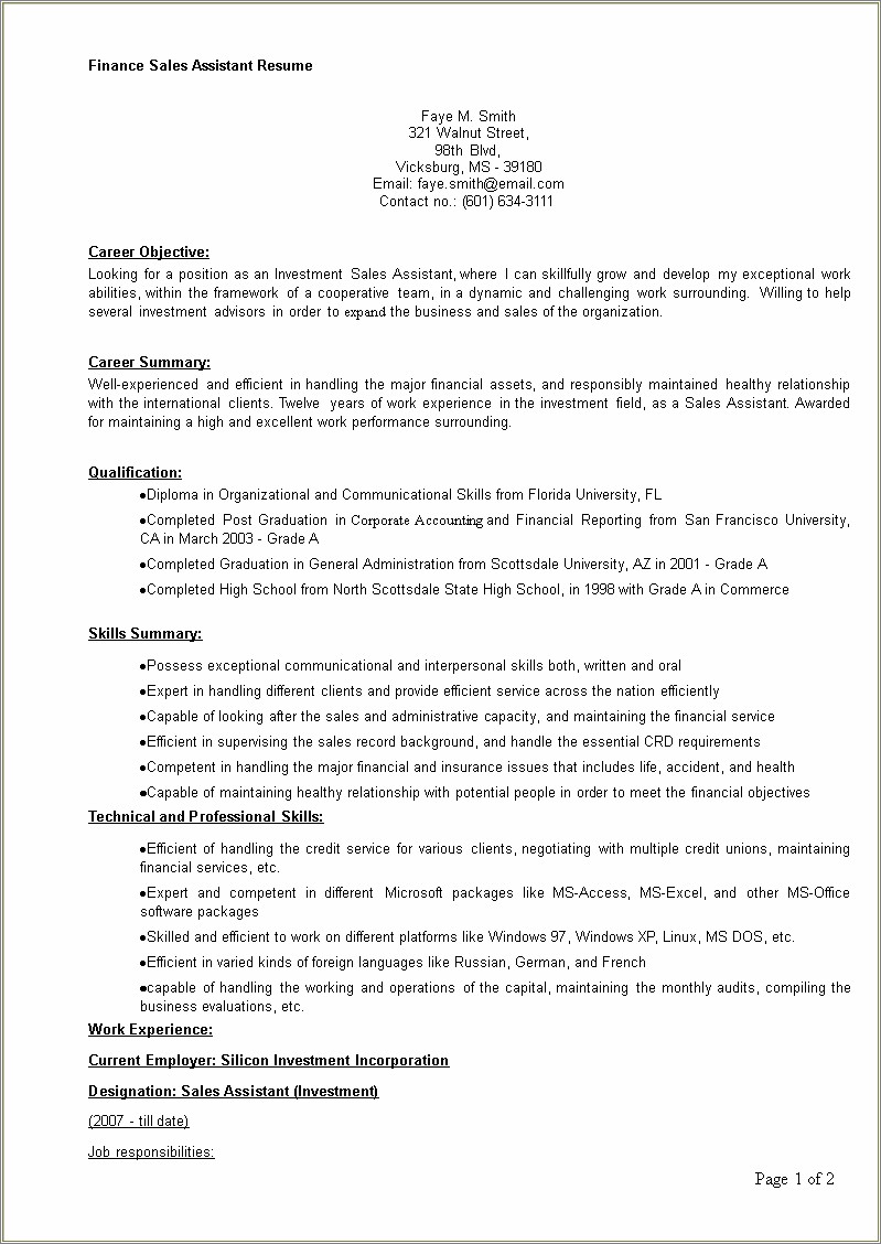 Career Objective Resume For Finance Field