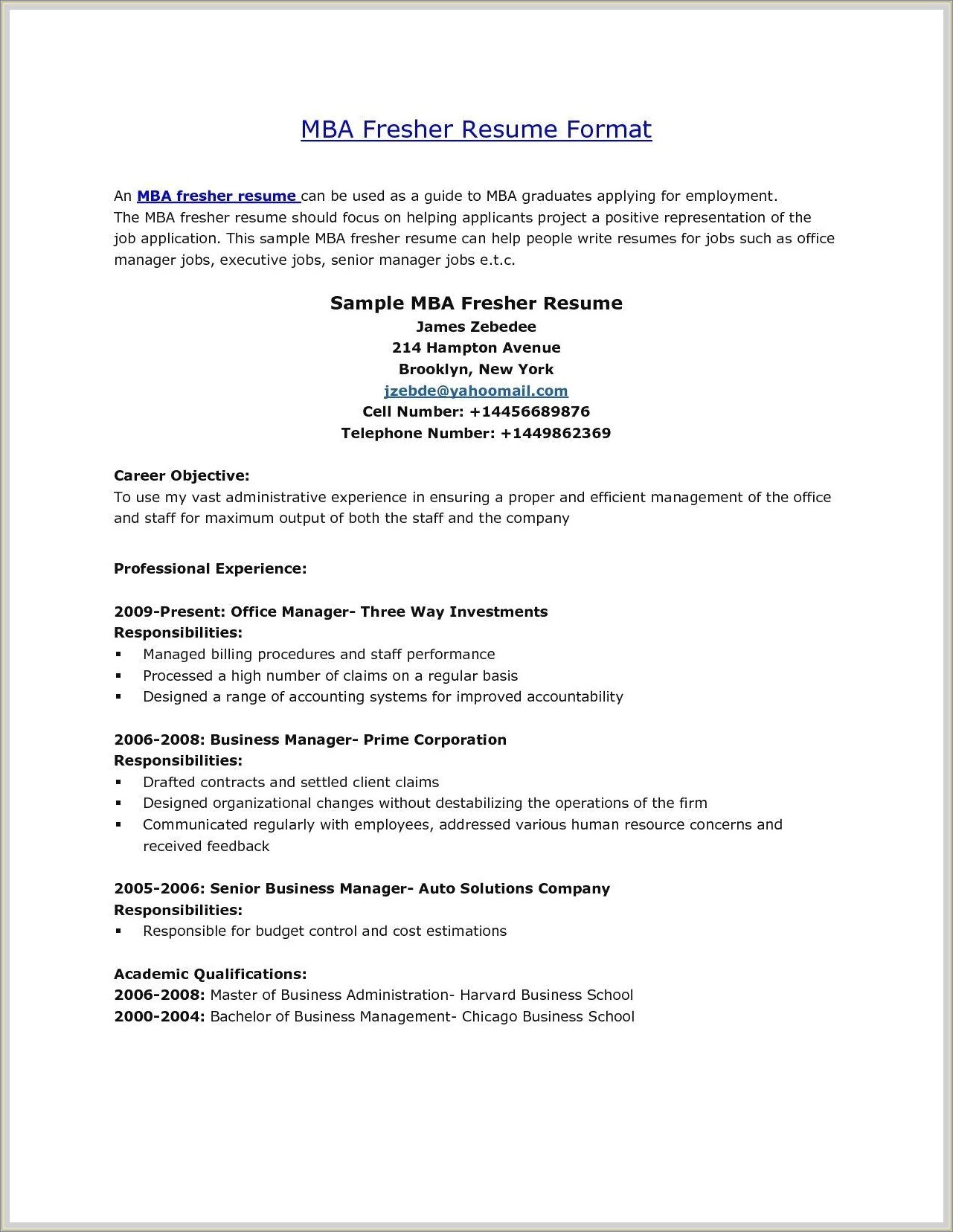 Career Objective Resume For Hotel Management