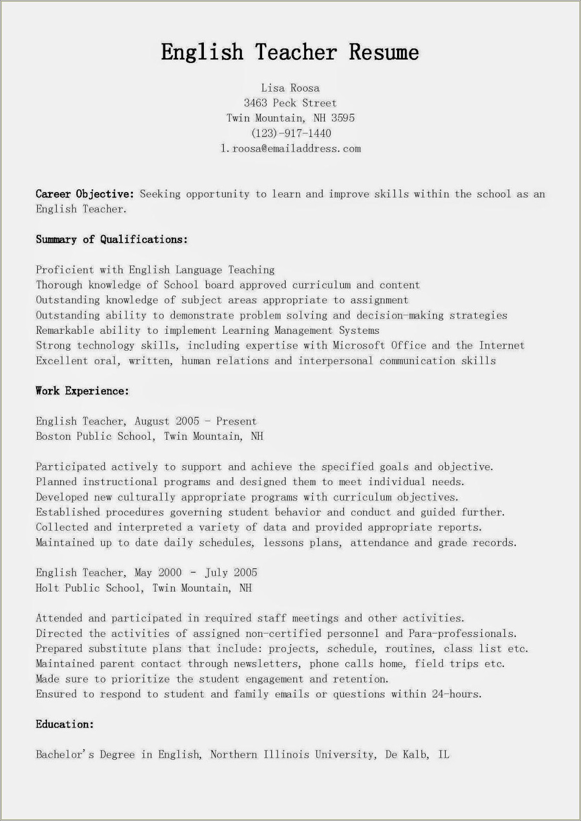 Career Objective Resume Writing For English Tutor Jobs