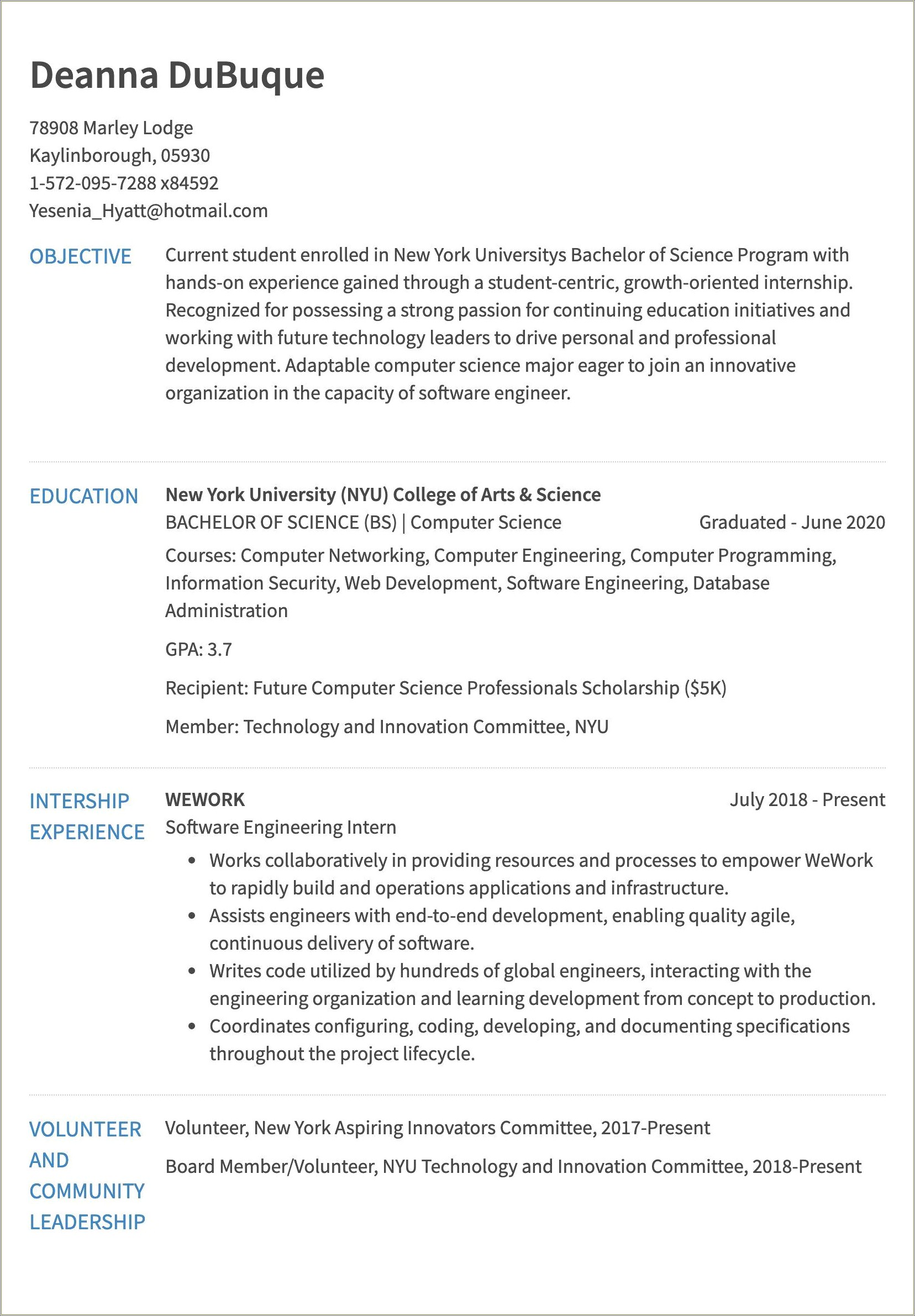 Career Services Center Undergraduate Intern Job Resume Sample
