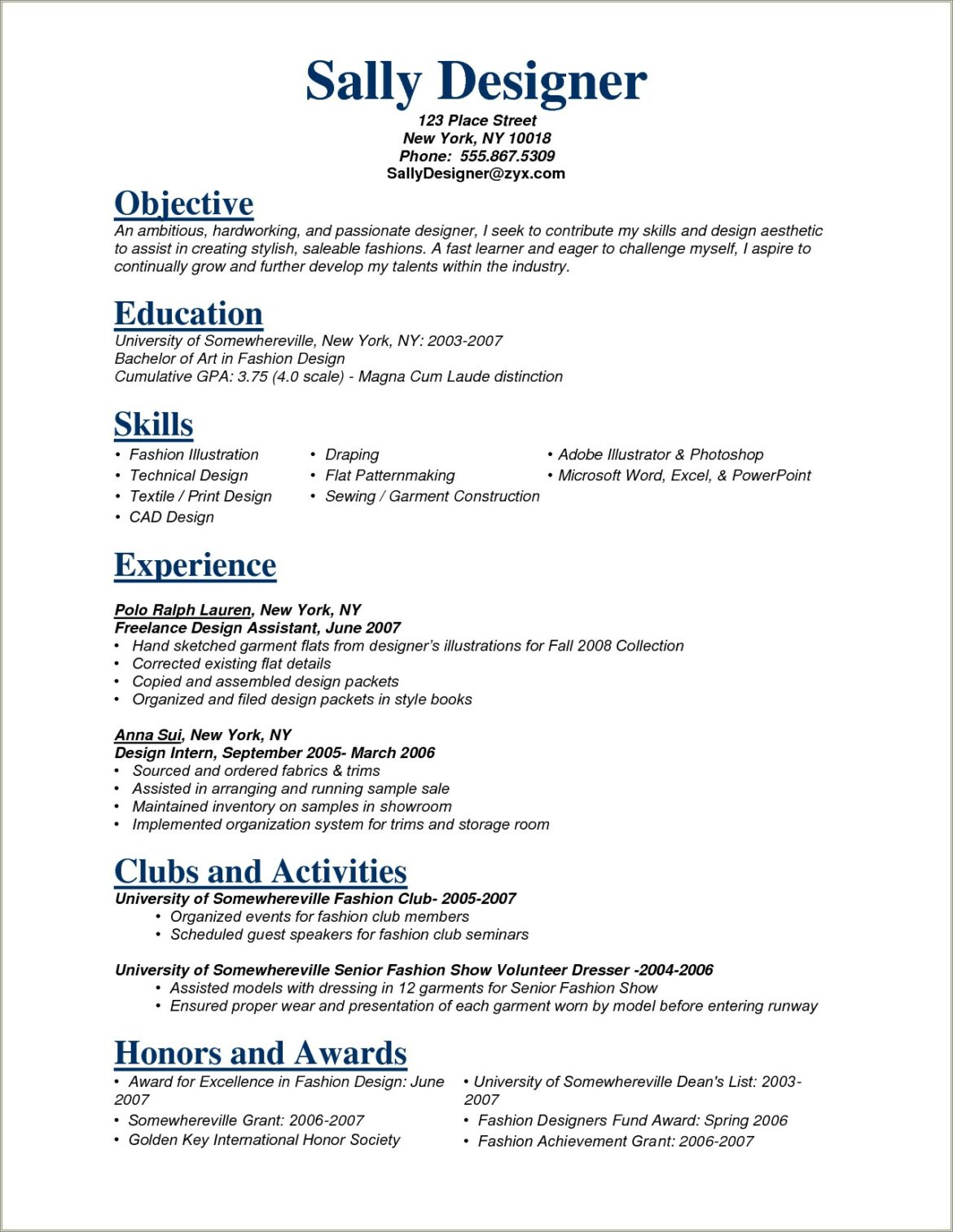 Career Summary For Fashion Designer Resume