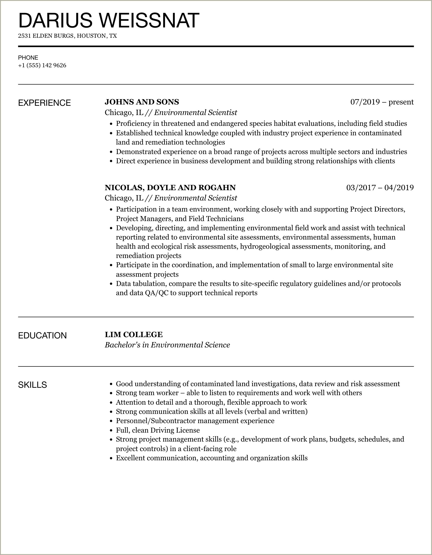 Career Summary Resume Environmental Scientist Mid Level