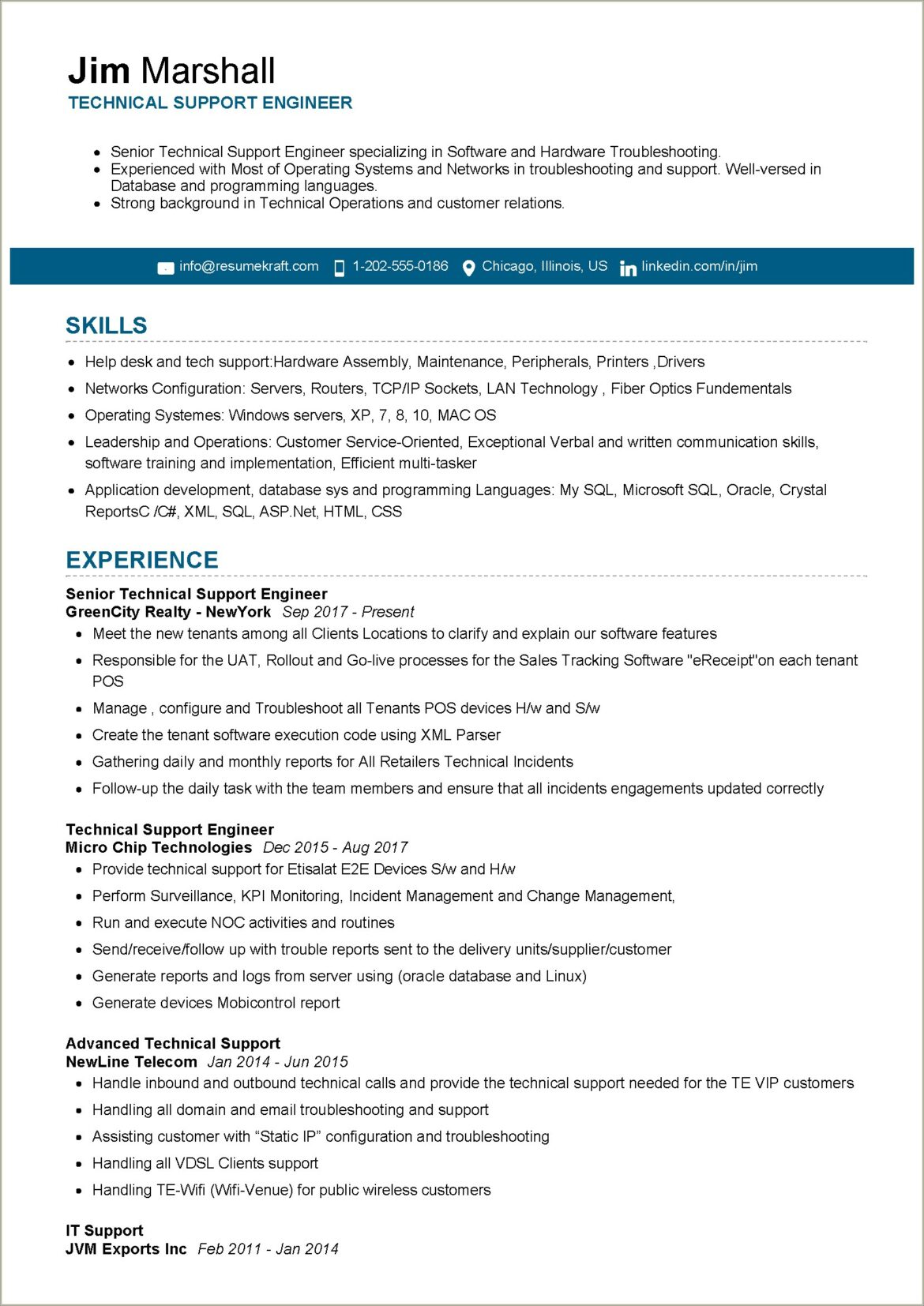 Career Summary Tech Support Resume Sample