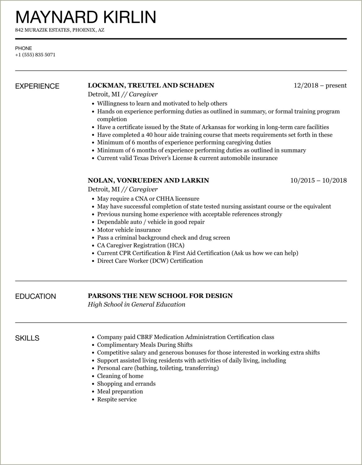 Caretaker Job Summary Word For Resume