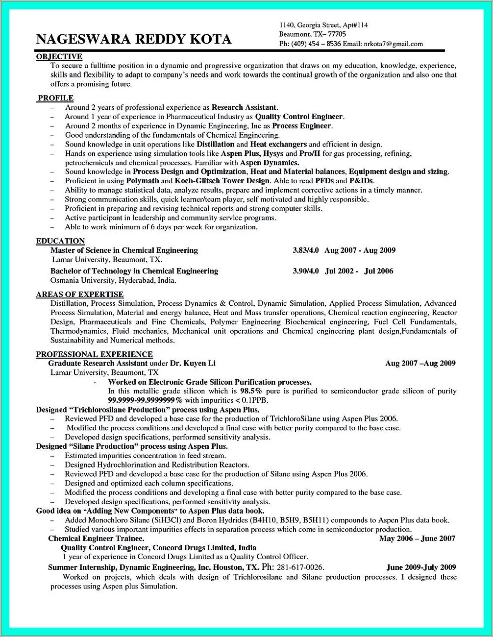 Carreer Objective On Resume Examples Process Engineer