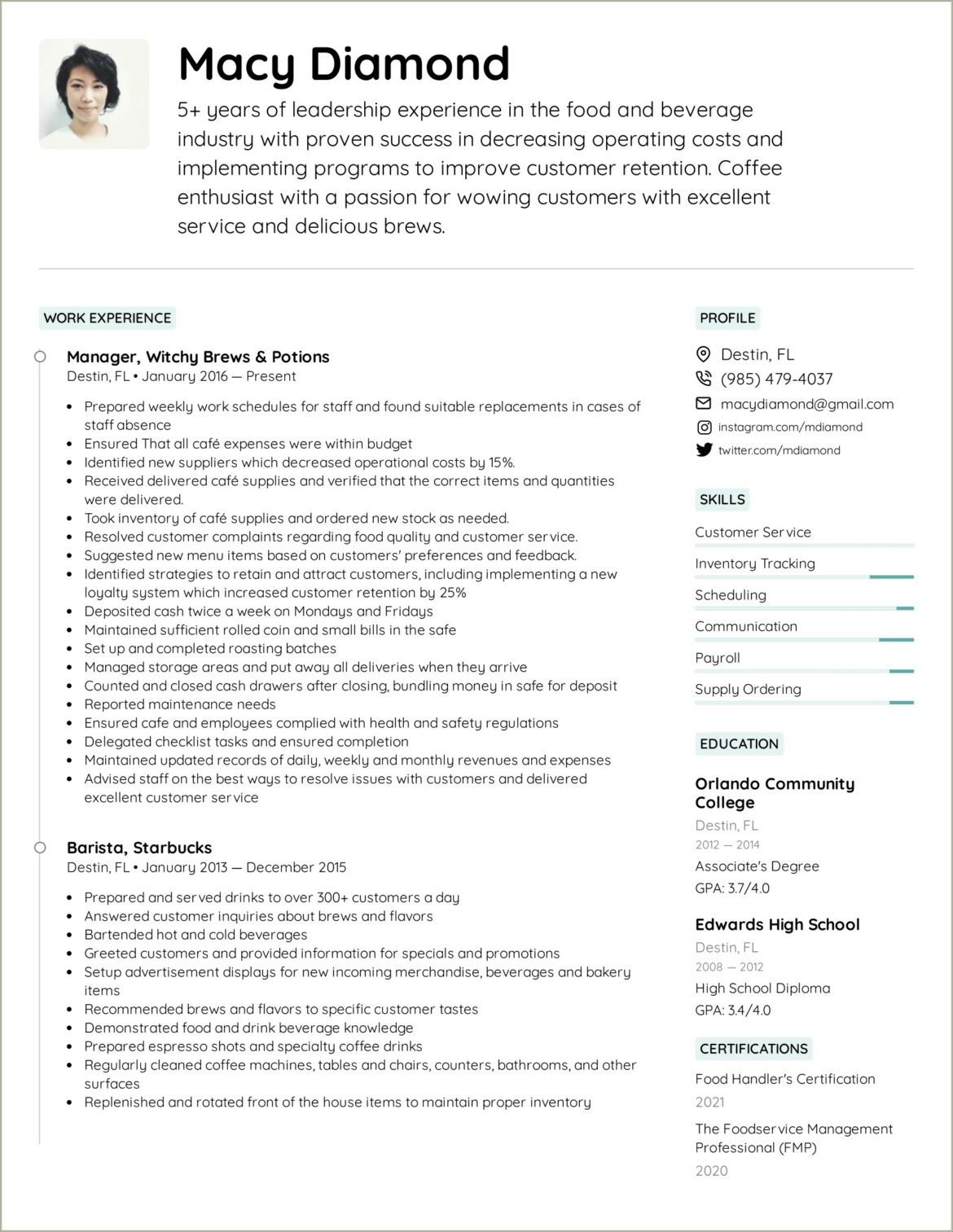 Cashier Barista Job Description For Resume