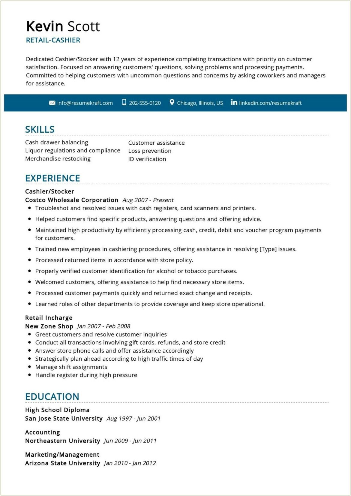 Cashier Job Description For Resume Sample