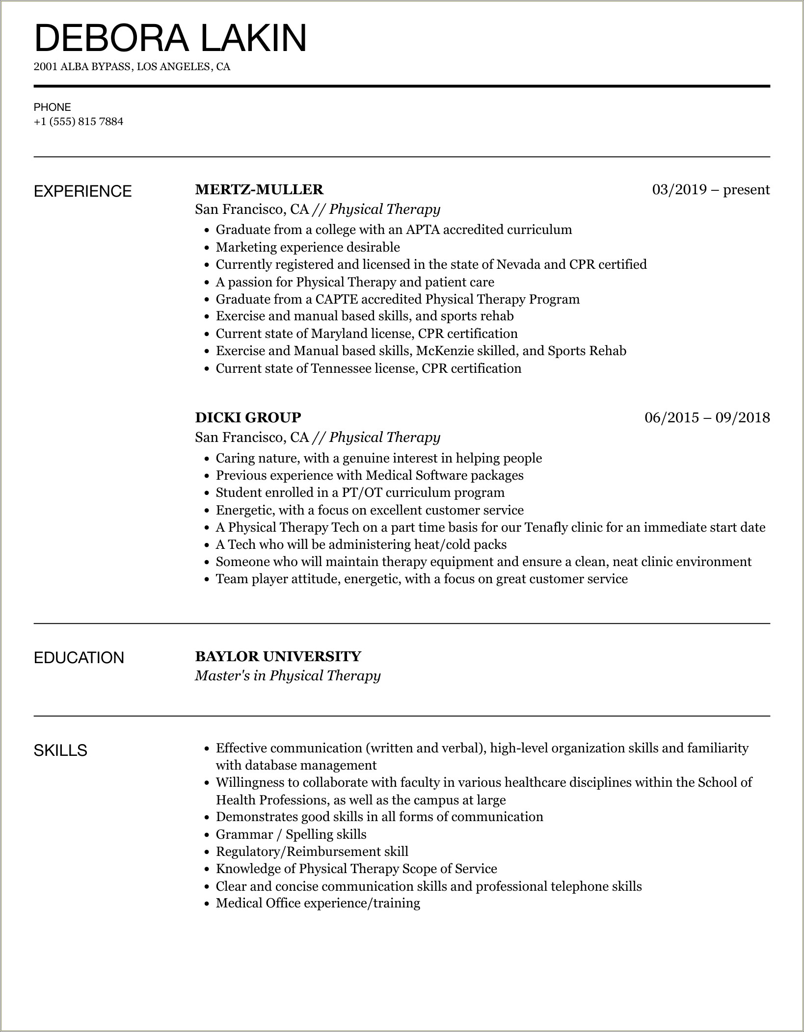 Cashier Job On Physical Therapy Resume