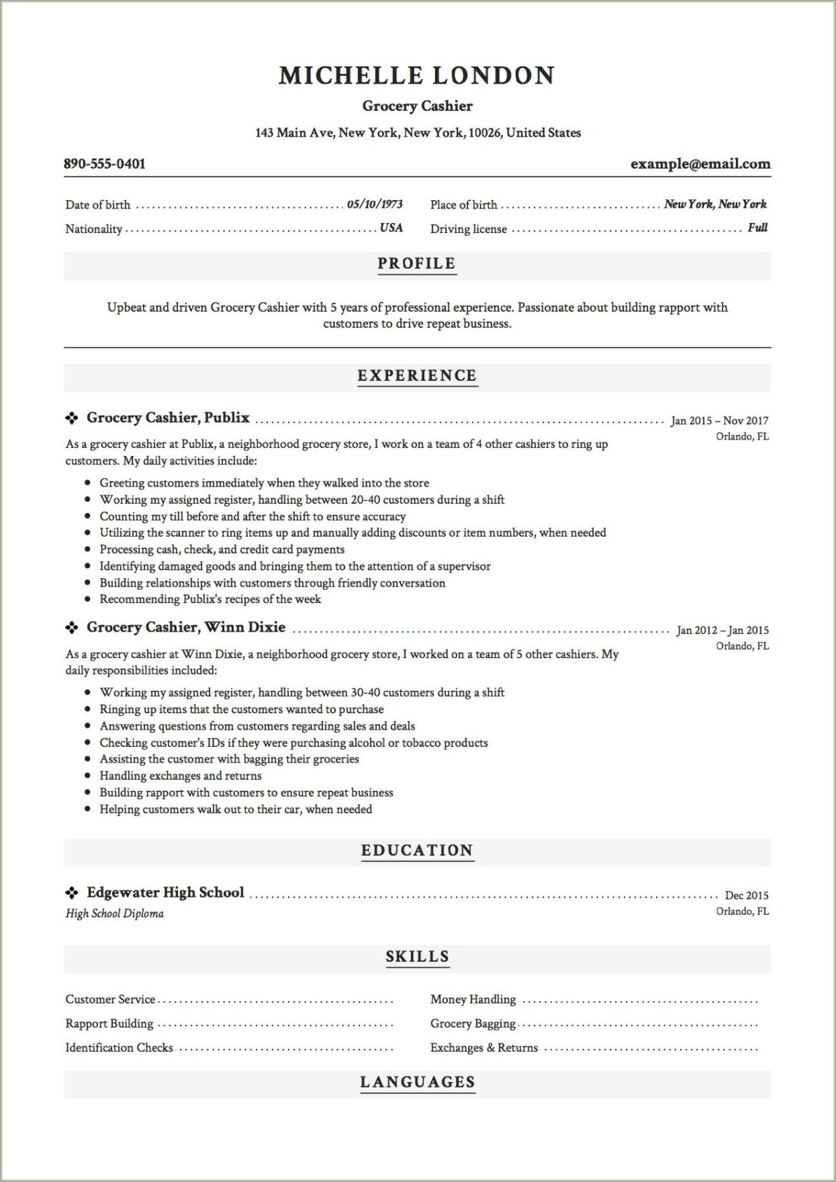 Cashier Resume No Experience High School