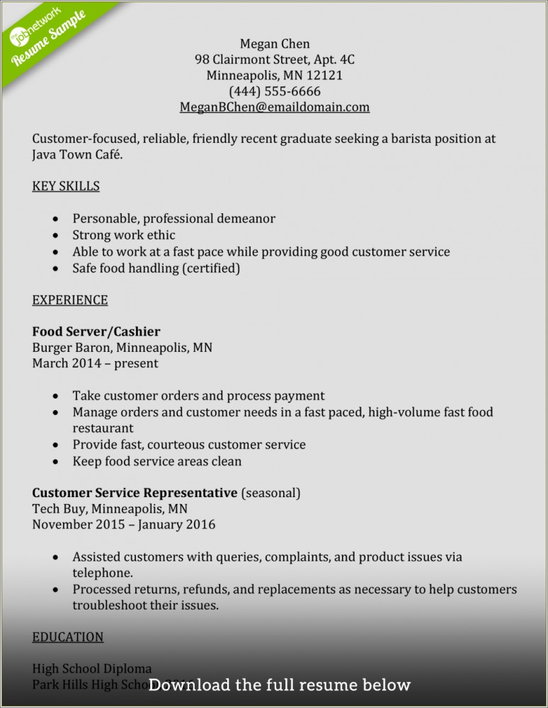 Cashier Servers Resume Description And Quantity