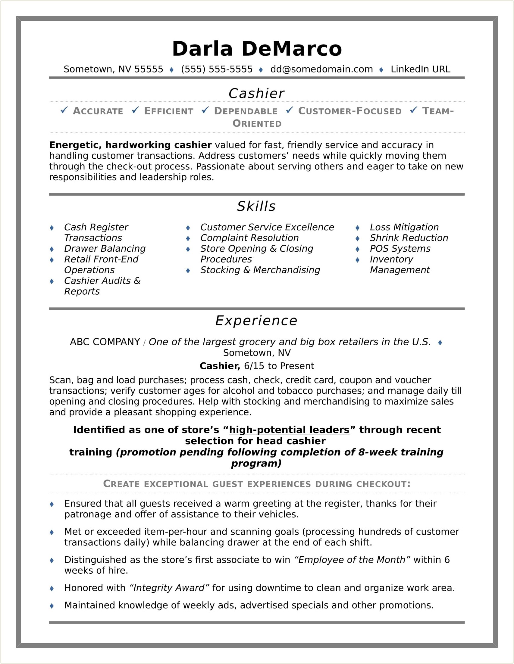 Cashiers And Sales Associate Sample Resume