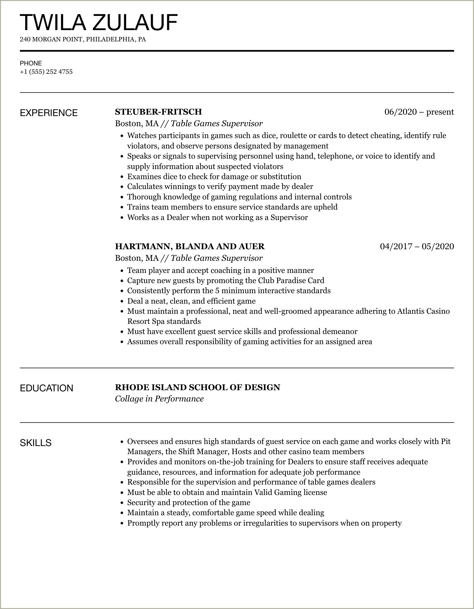 Casino Supervisor Job Description For Resume