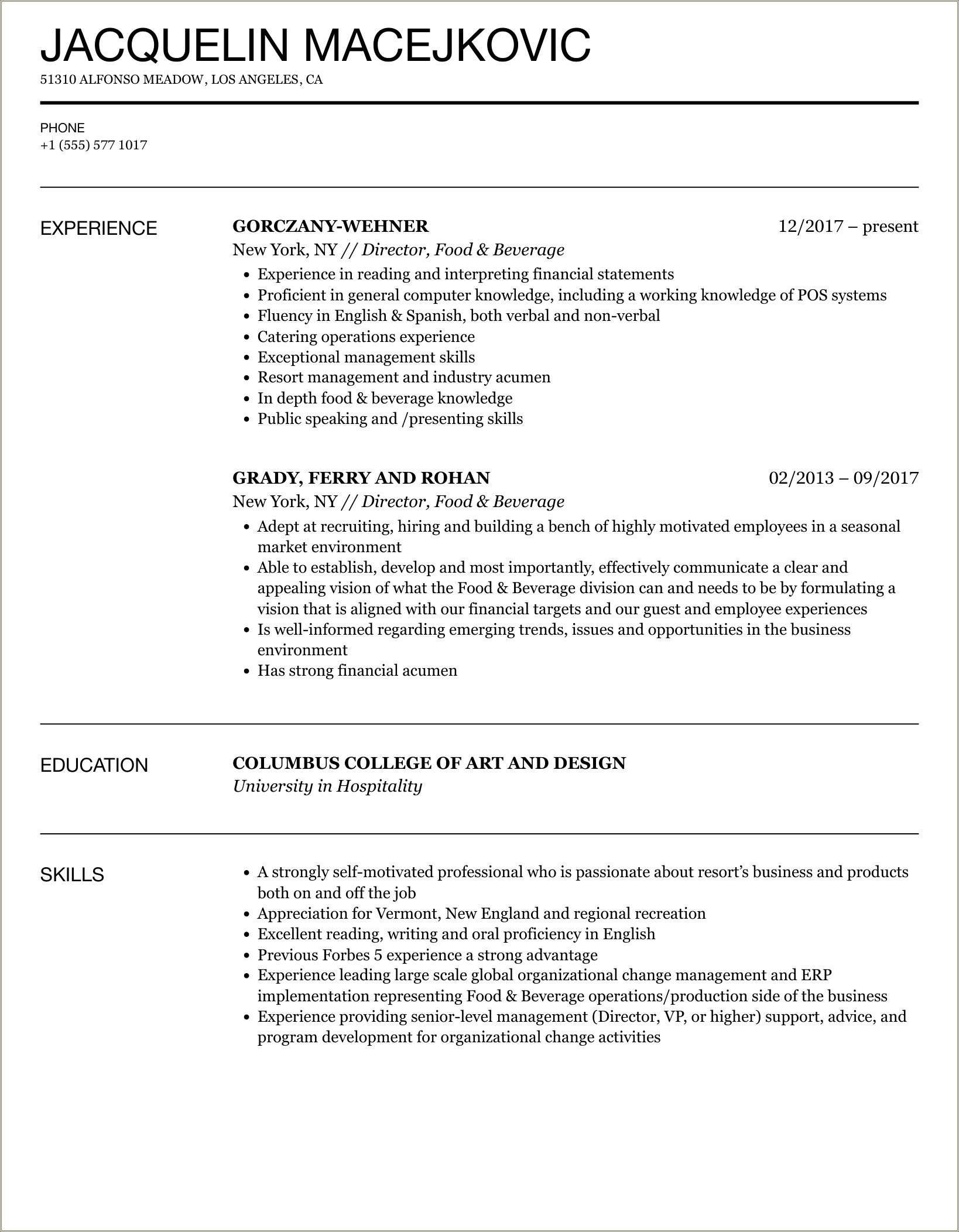 Casino Vp Of Food And Beverage Resume Examples