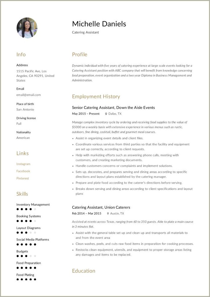 Caterer Assistant Job Description For Resume