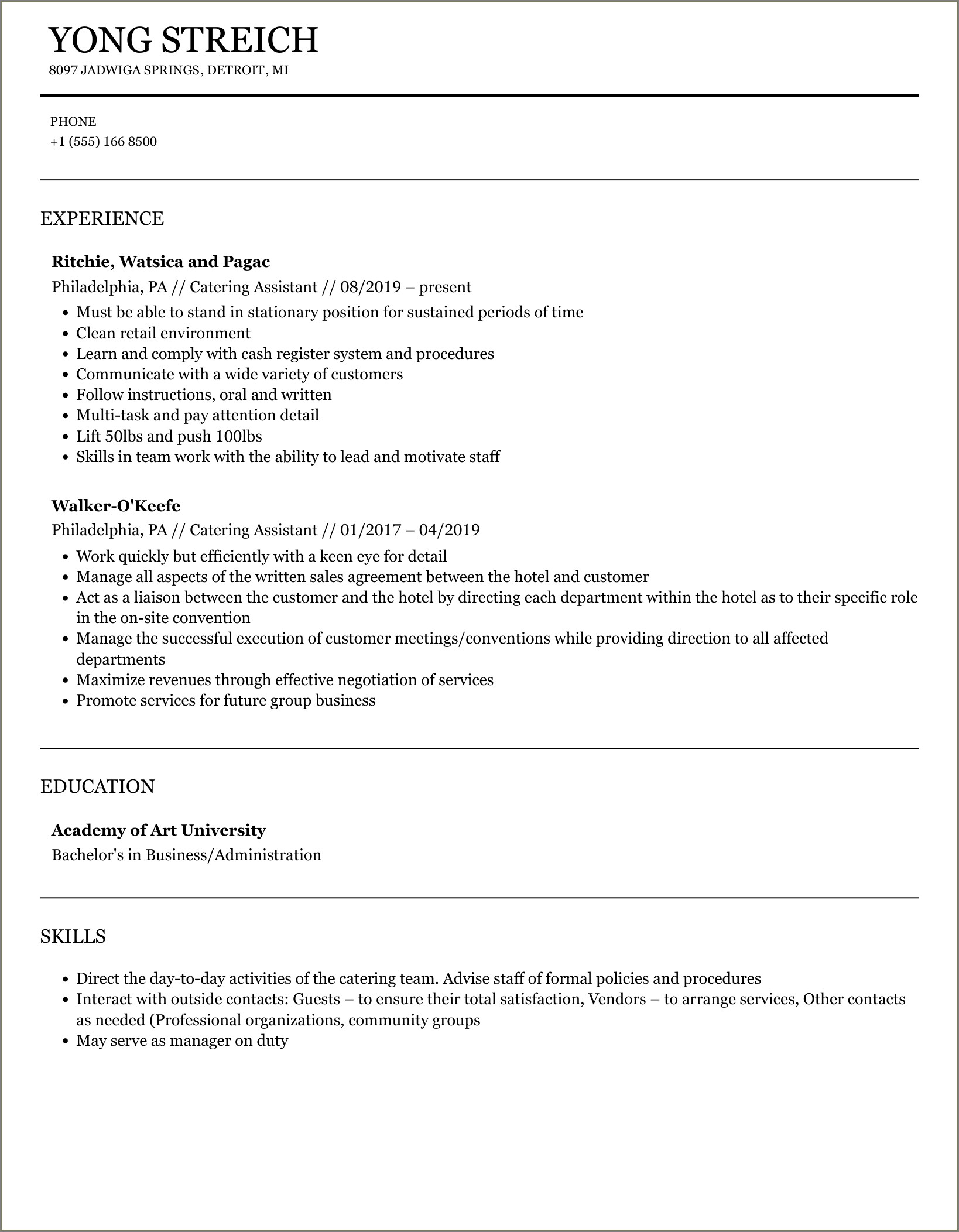 Catering Assistant Job Description For Resume