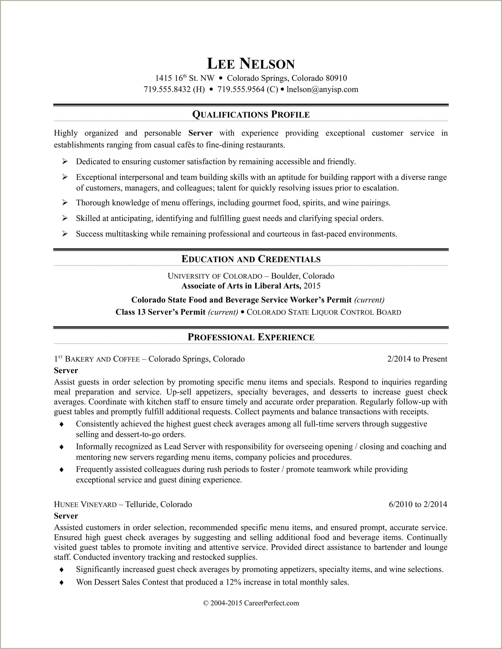 Catering Server Job Description For Resume