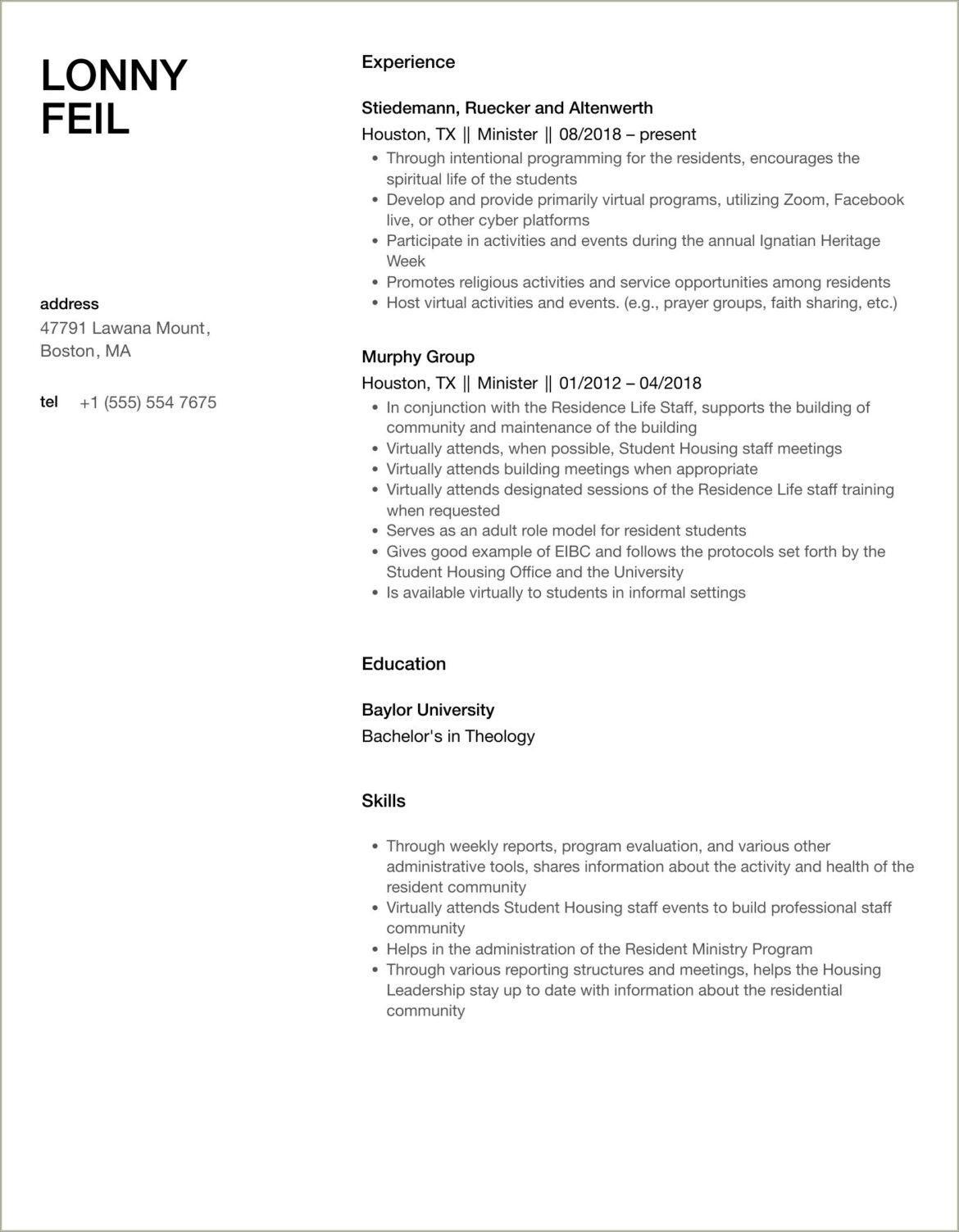 Catholic Youth Minister Professional Summary For Resume