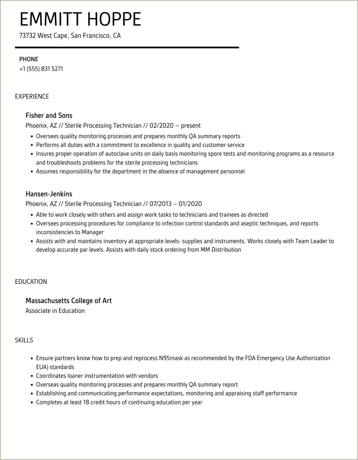 Central Sterile Processing Technician Sample Resume