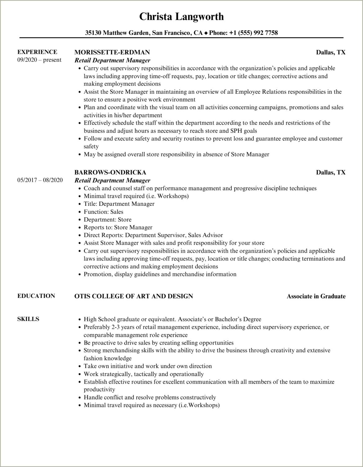 Century 21 Department Store Managment Resume