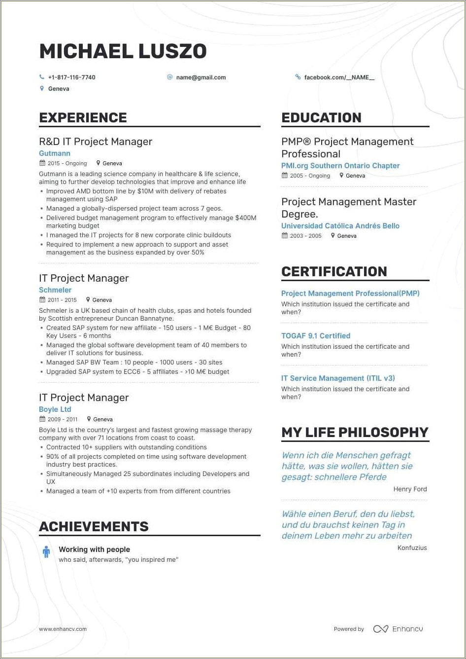 Certificed Pmp Resume Sample Mid Level