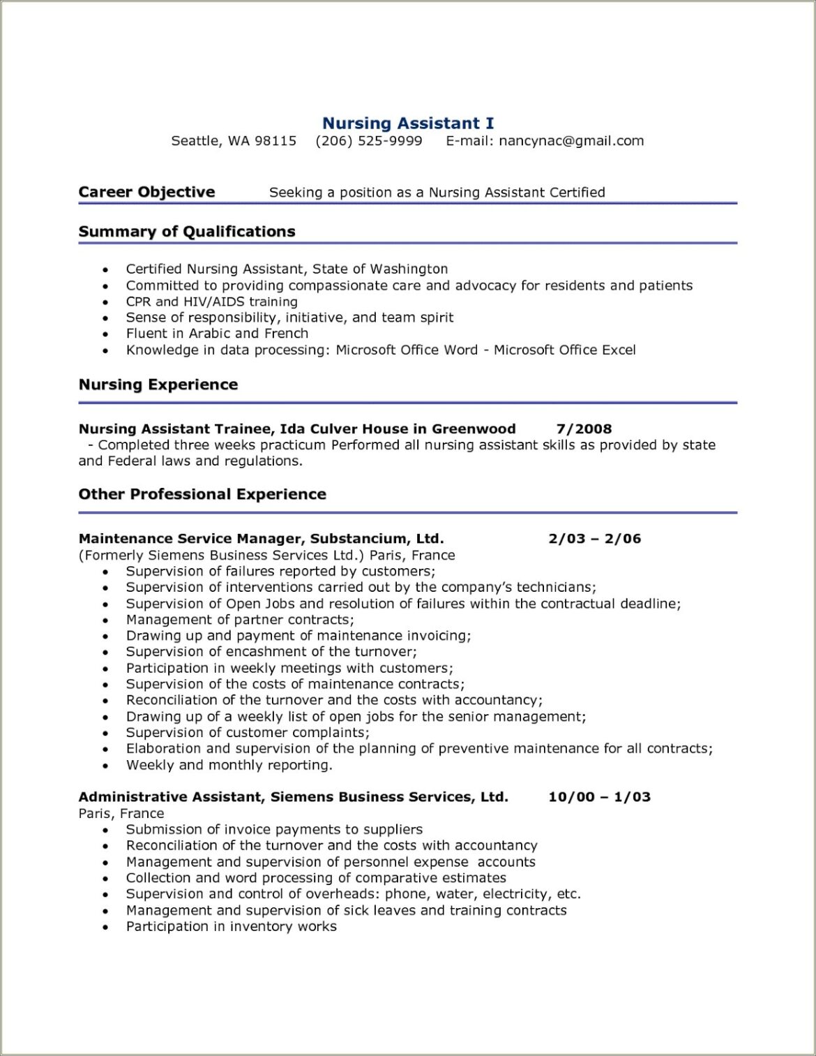 Certified Nurse Assistant Resume With No Experience