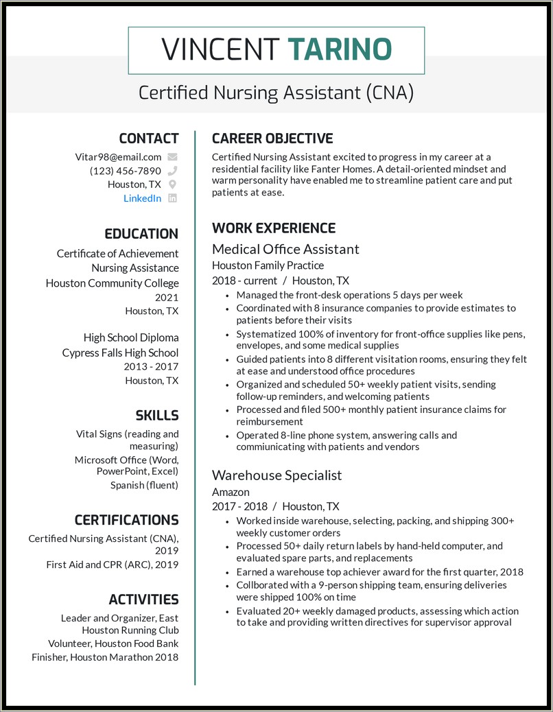 Certified Nurses Aide Job Description For Resume