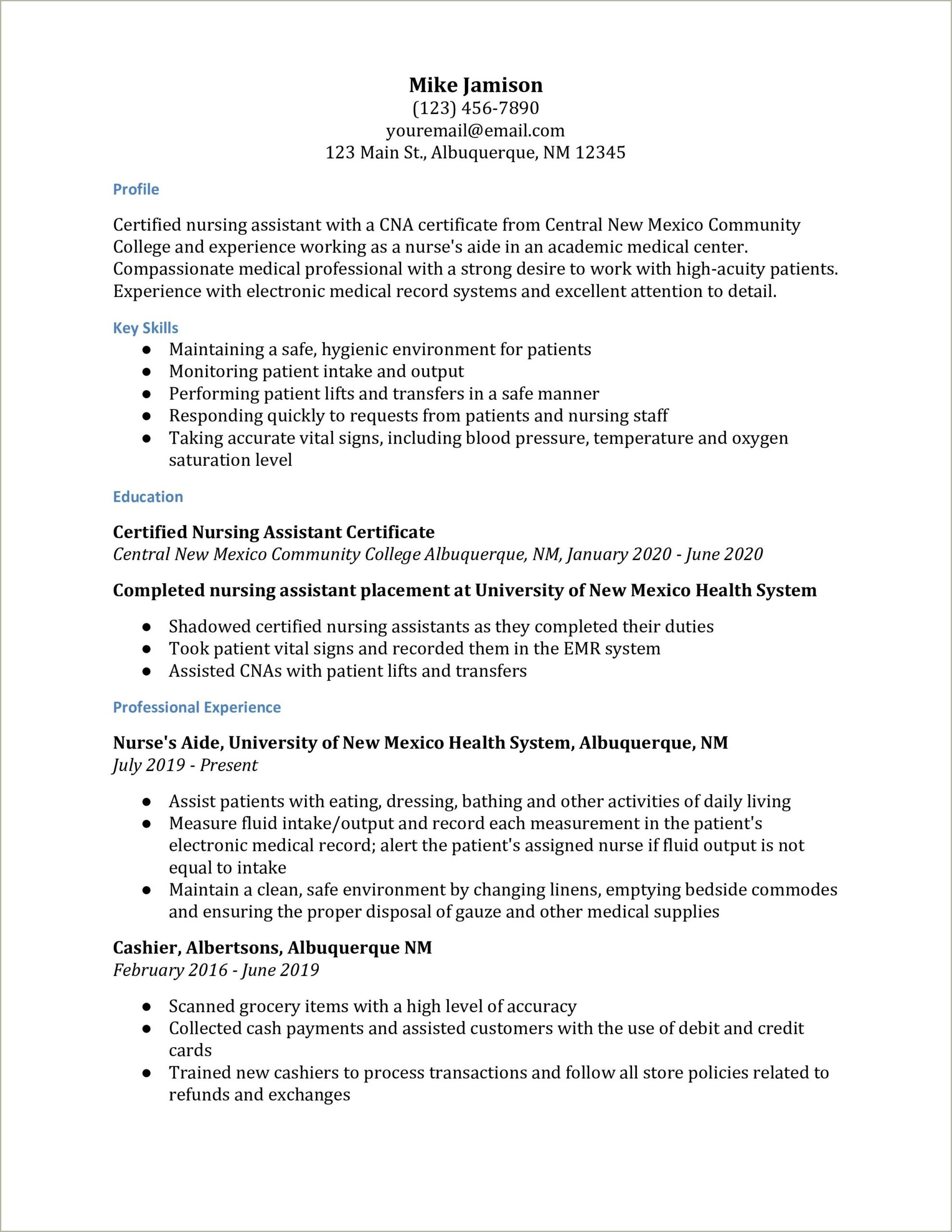 Certified Nursing Aide Skills For Resume