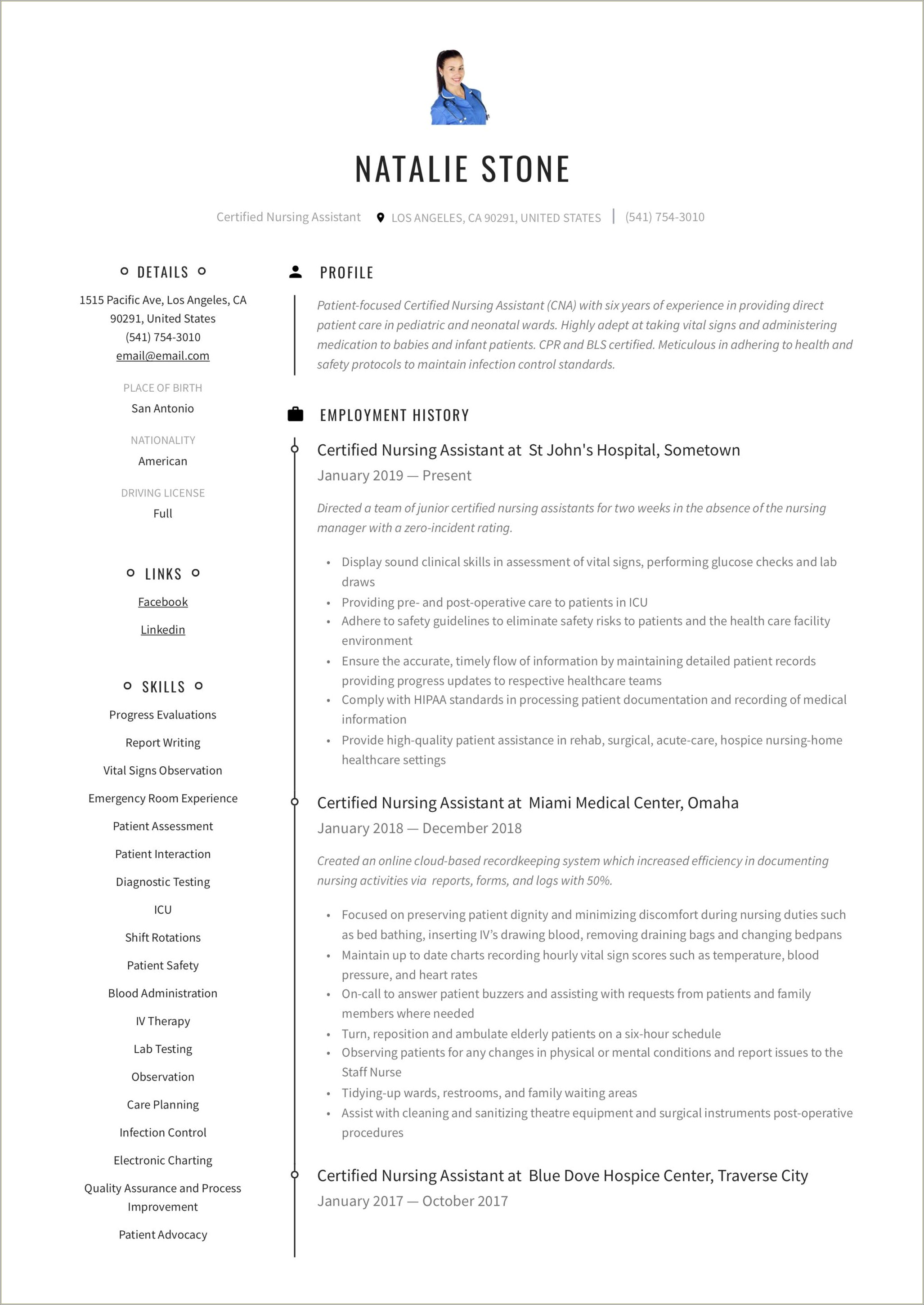 Certified Nursing Assistant Resume Job Description