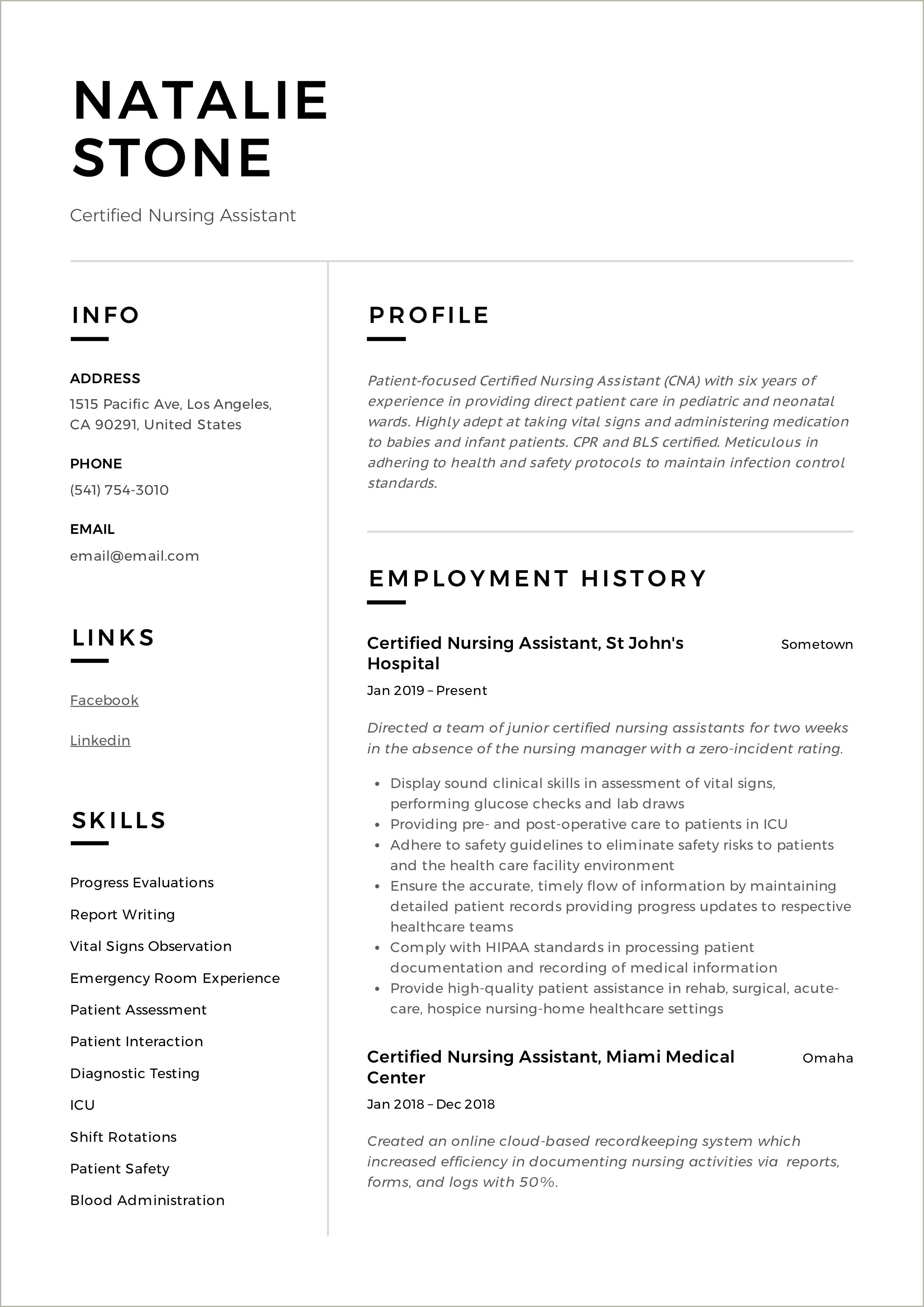 Certified Nursing Assistant Resume Summary Examples