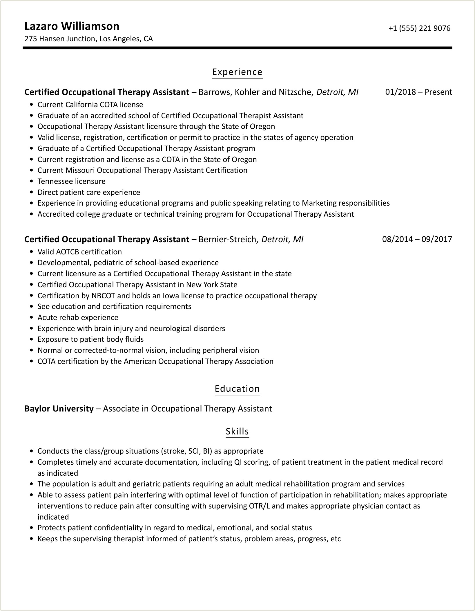 Certified Occupational Therapist Assistant Sample Resume