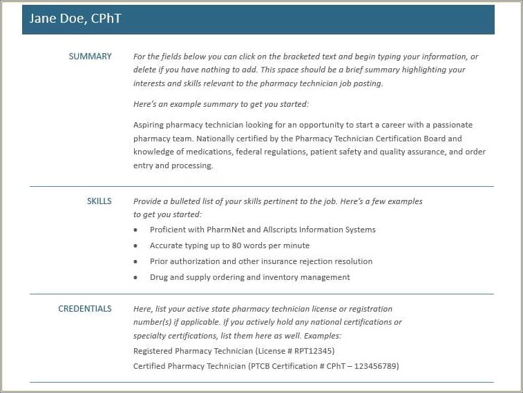 Certified Pharmacy Technician Data Entry Resume Objective