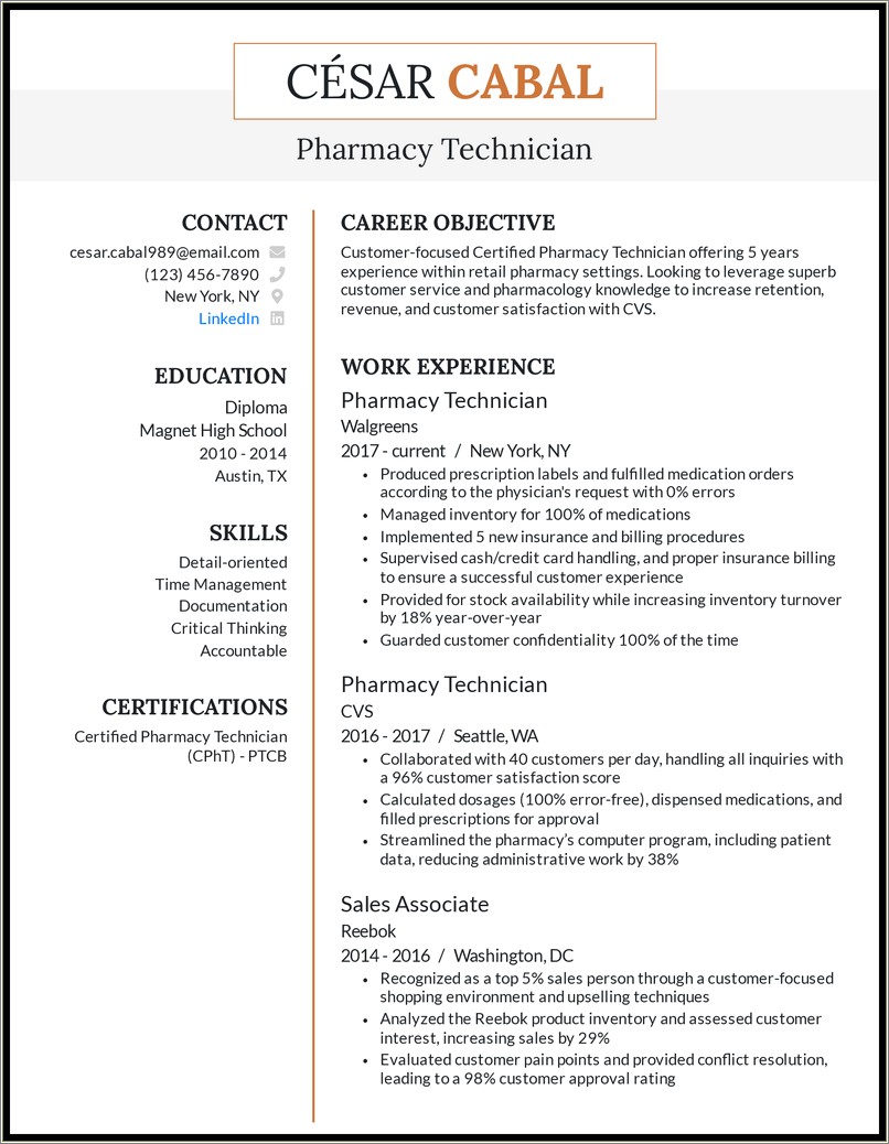 Certified Pharmacy Technician Job Description For Resume