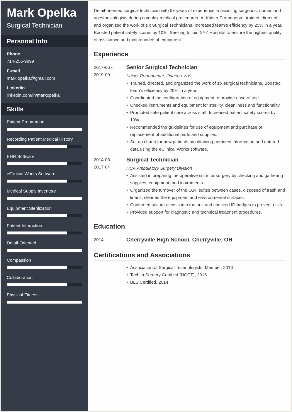 Certified Surgical Technologist Resume Job Description