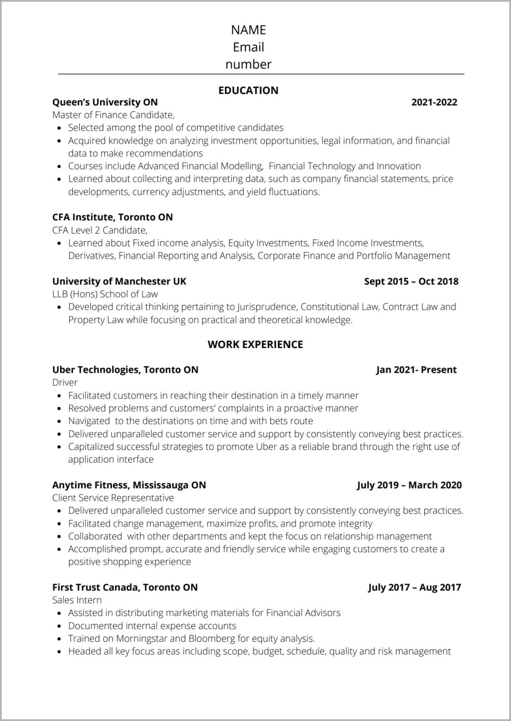 Cfa Level 1 Candidate Resume Sample