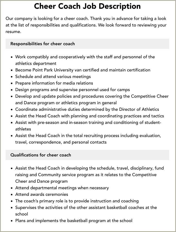 Cheer Coach Job Description For Resume